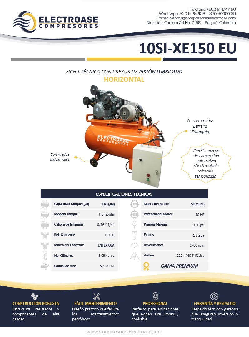 Compresor de pistón horizontal de 10 HP con tanque de 140 galones para uso industrial.