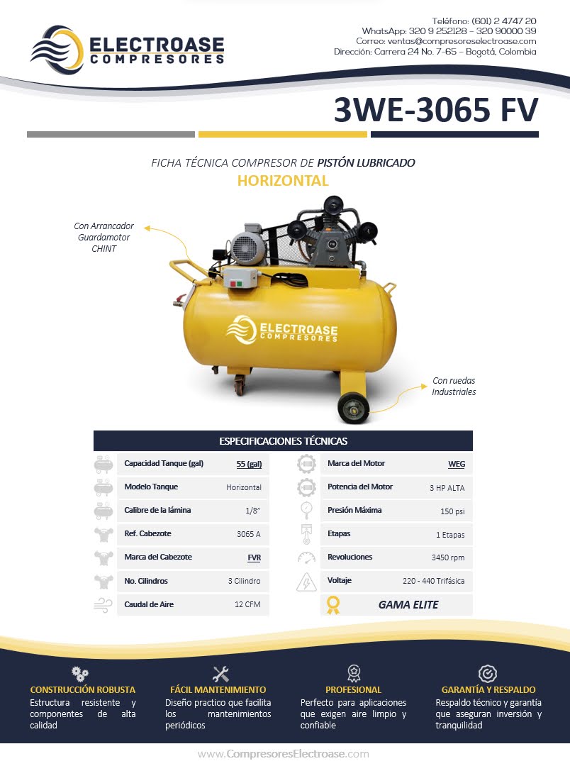 Compresor de pistón horizontal de 3 HP con tanque de 55 galones para uso industrial.