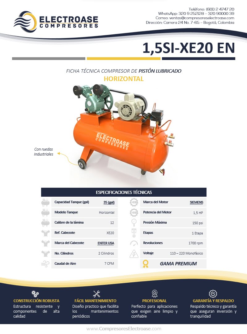Compresor de pistón horizontal de 1 HP con tanque de 35 galones para uso industrial.