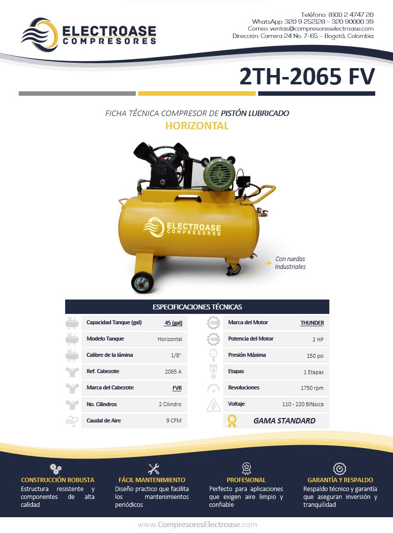 Compresor de pistón horizontal de 2 HP con tanque de 45 galones para uso industrial.