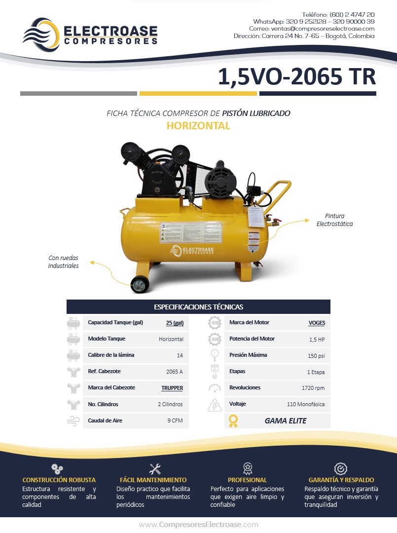 Compresor de pistón horizontal de 1,5 HP con tanque de 25 galones para uso industrial.