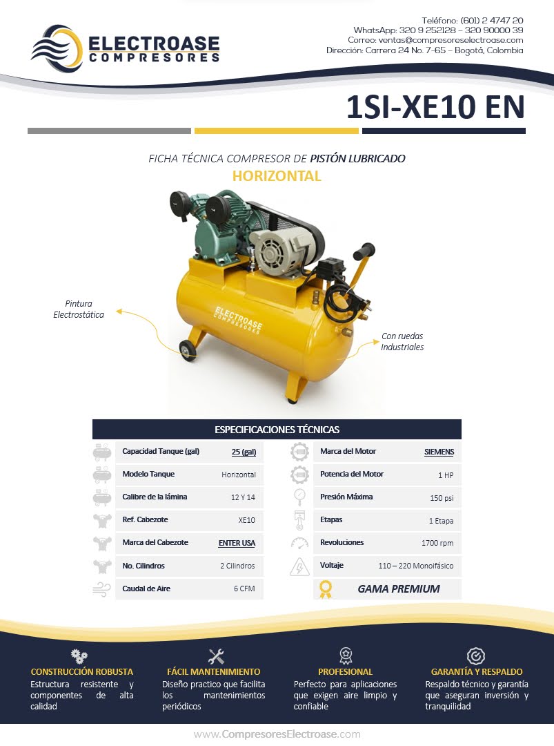 Compresor de pistón horizontal de 1 HP con tanque de 25 galones para uso industrial.