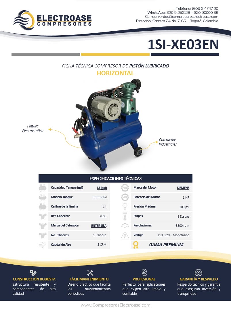 Compresor de pistón horizontal de 1 HP con tanque de 13 galones para uso industrial.