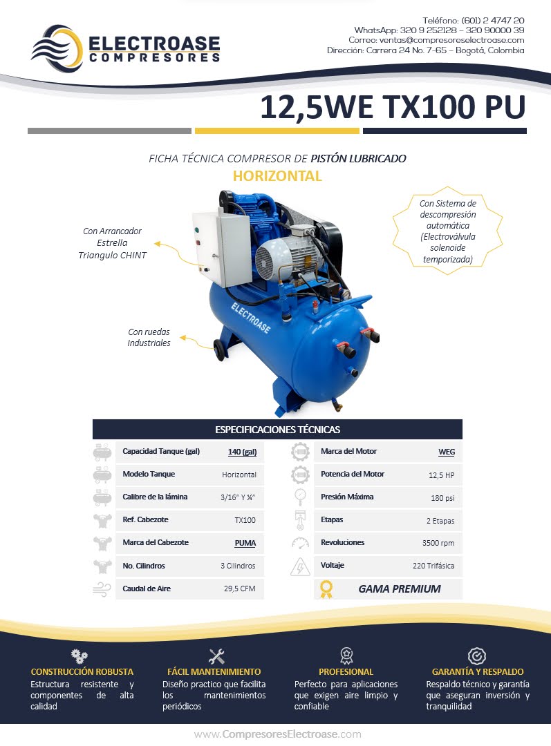 Compresor de pistón horizontal de 12,5 HP con tanque de 140 galones para uso industrial.