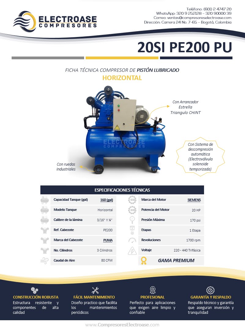 Compresor de pistón horizontal de 20 HP con tanque de 160 galones para uso industrial.
