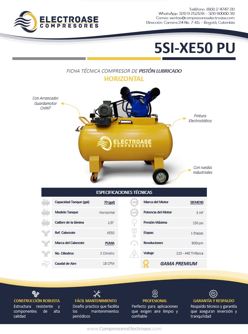 Compresor de pistón horizontal de 5 HP con tanque de 70 galones para uso industrial.