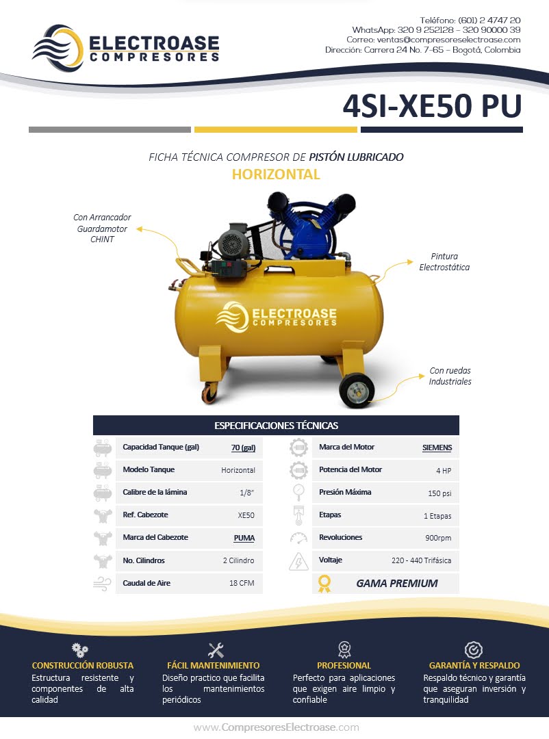 Compresor de pistón horizontal de 4 HP con tanque de 70 galones para uso industrial.