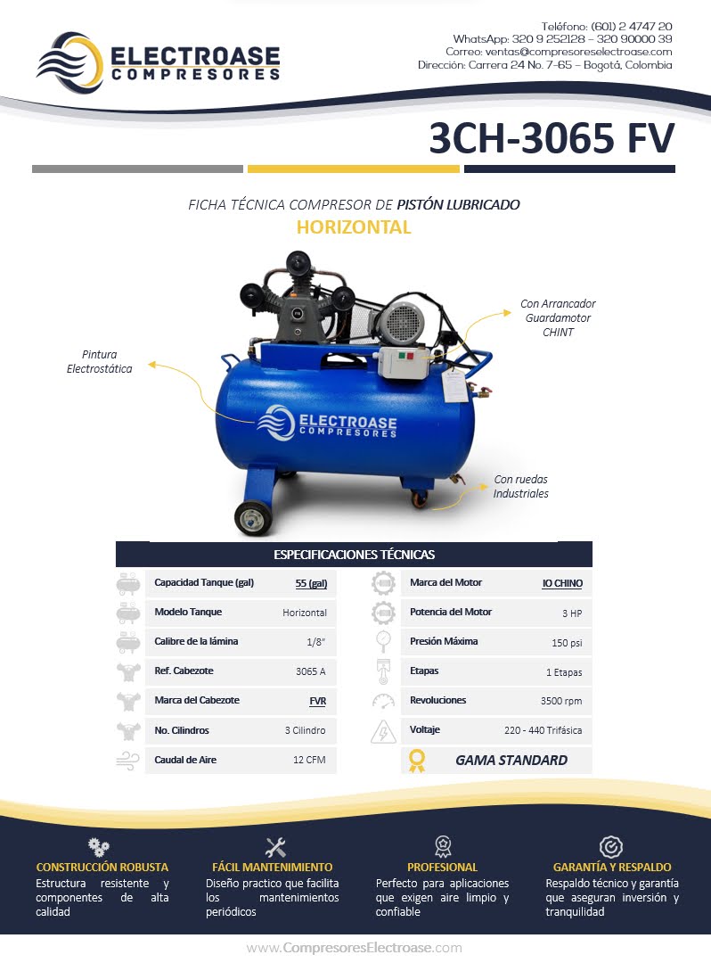 Compresor de pistón horizontal de 3 HP con tanque de 55 galones para uso industrial.