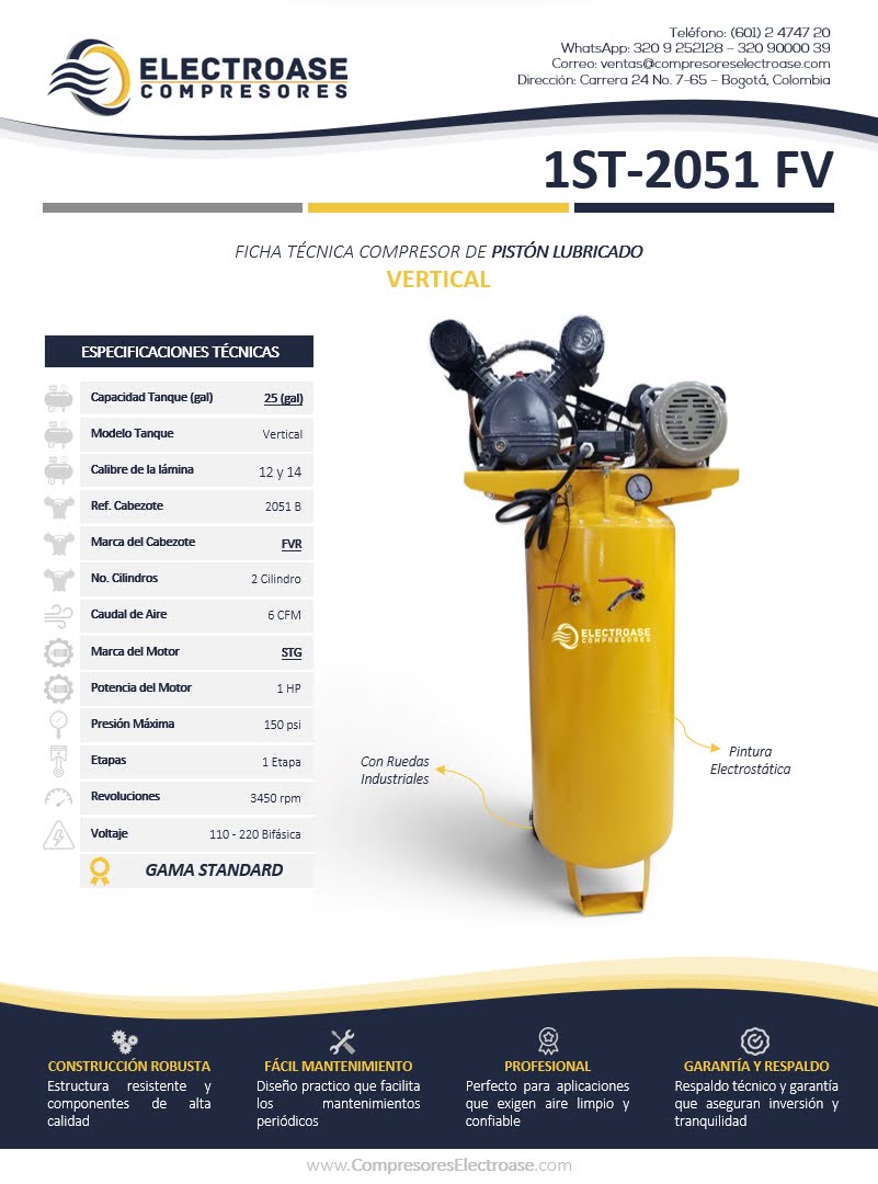 Compresor de pistón vertical de 1 HP con tanque de 25 galones para uso industrial.