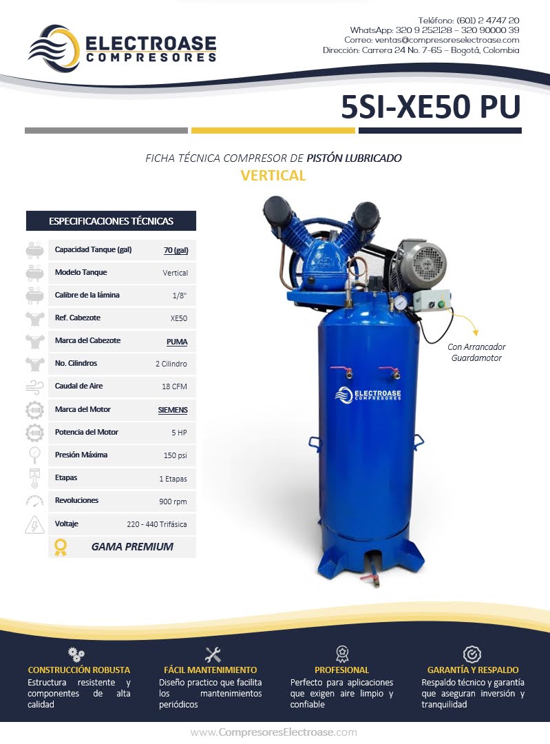 Compresor de pistón vertical de 5 HP con tanque de 70 galones para uso industrial.