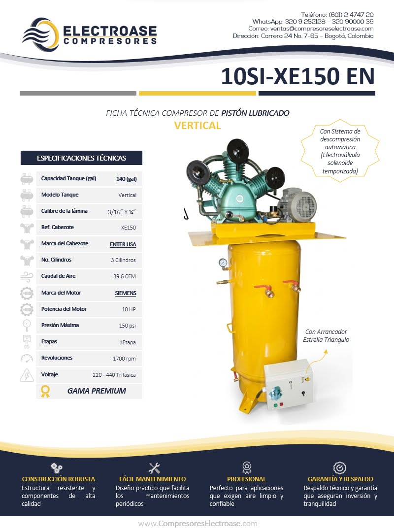 Compresor de pistón vertical de 10 HP con tanque de 140 galones para uso industrial.