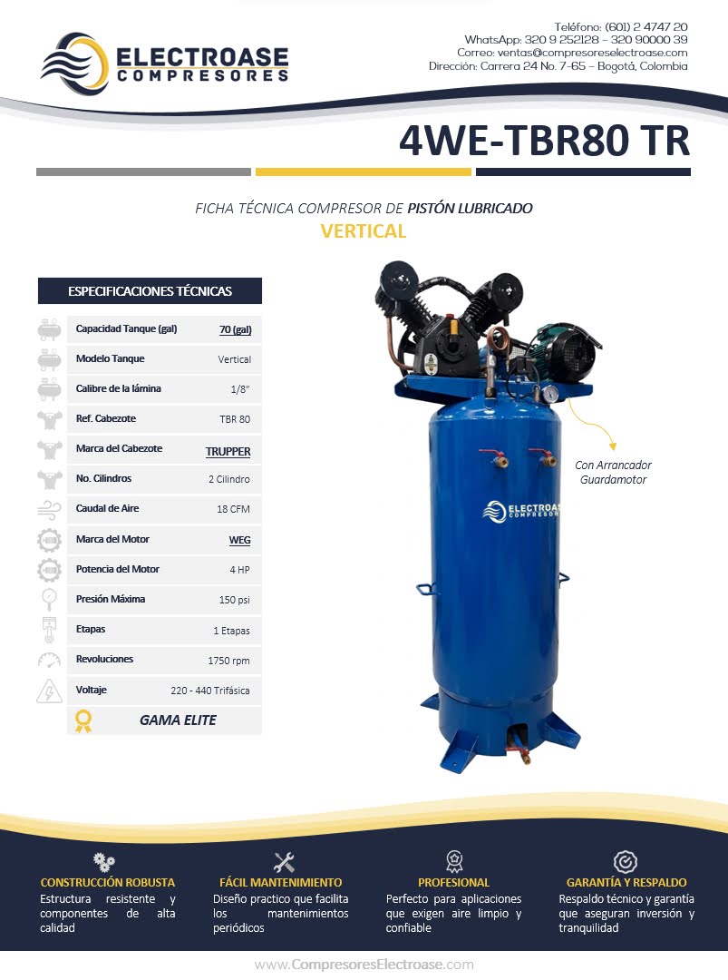 Compresor de pistón vertical de 4 HP con tanque de 70 galones para uso industrial.