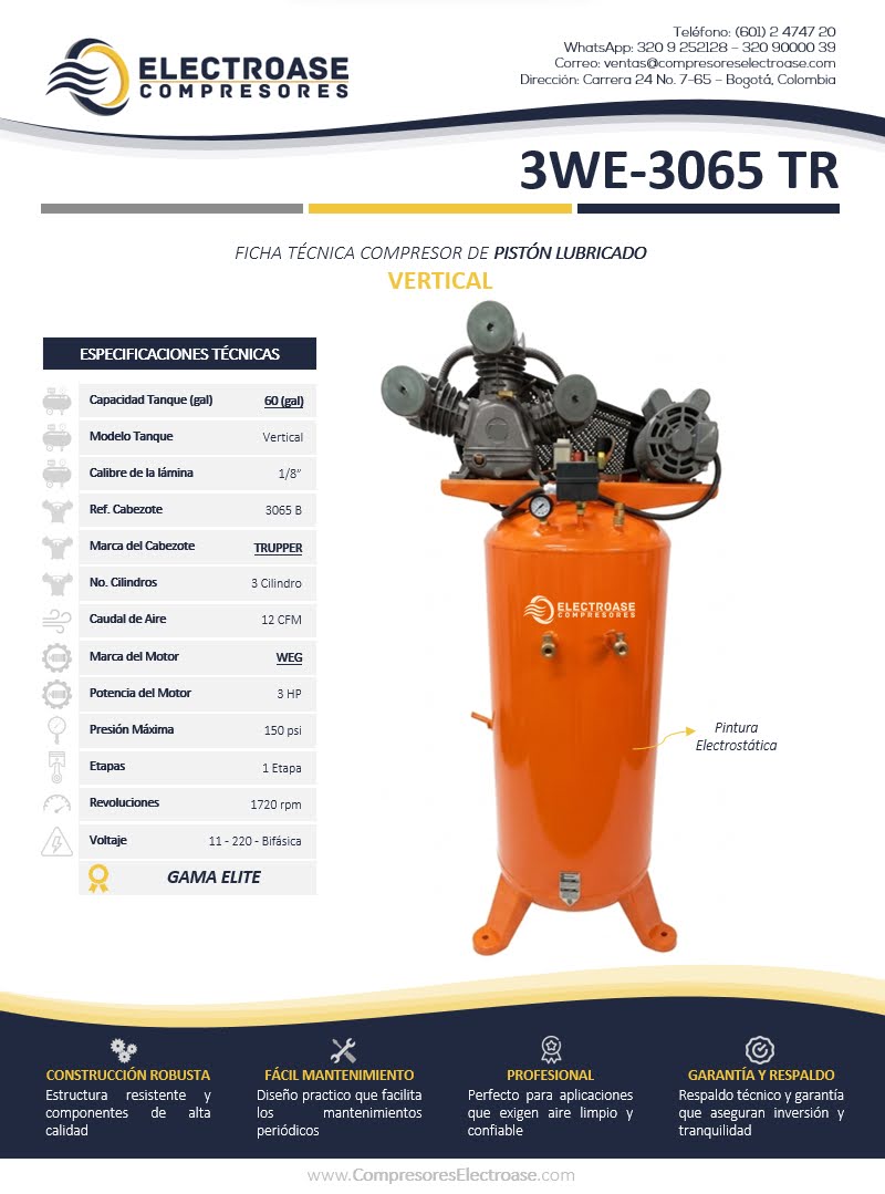 Compresor de pistón vertical de 3 HP con tanque de 70 galones para uso industrial.