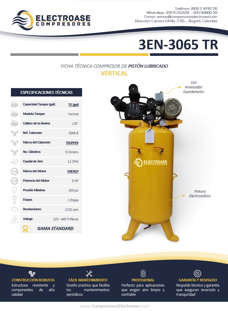 Compresor de pistón vertical de 3 HP con tanque de 55 galones para uso industrial.