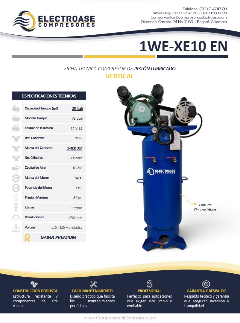 Compresor de pistón vertical de 1 HP con tanque de 25 galones para uso industrial.